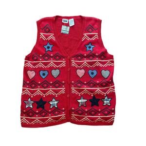 1990s VTG Capacity Red Heart Star Patterned Chunky Knit Cardigan Vest Size 2X